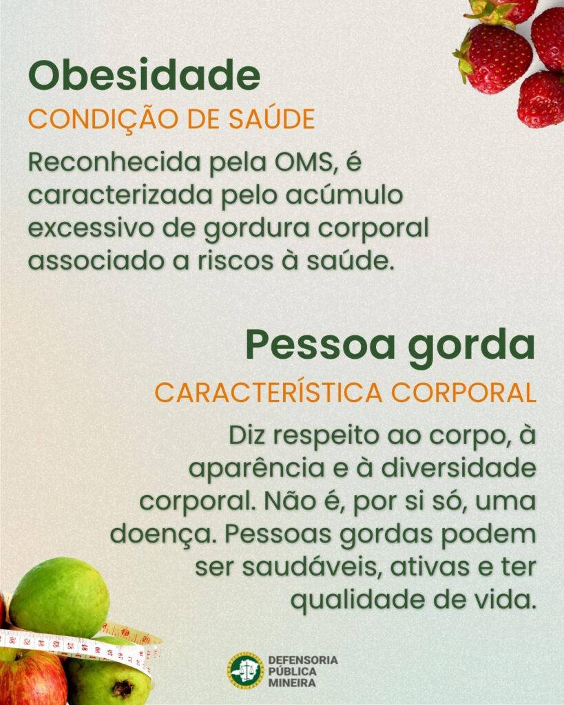 Obesidade CONDIÇÃO DE SAÚDE Reconhecida pela OMS, é caracterizada pelo acúmulo excessivo de gordura corporal associado a riscos à saúde. Pessoa gorda CARACTERÍSTICA CORPORAL Diz respeito ao corpo, à aparência e à diversidade corporal. Não é, por si só, uma doença. Pessoas gordas podem ser saudáveis, ativas e ter qualidade de vida.