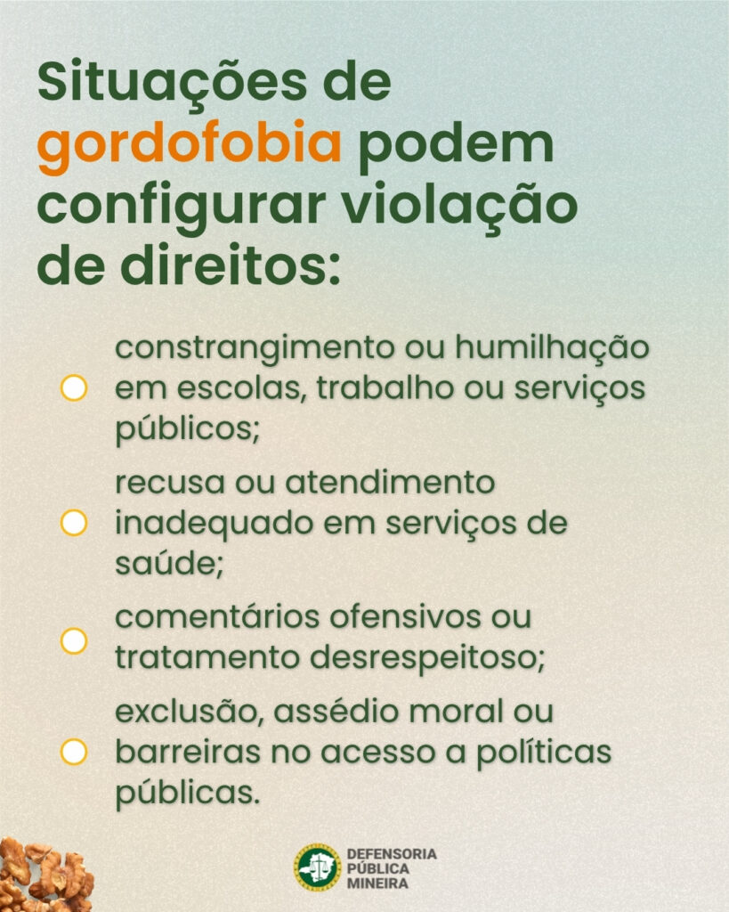Situações de gordofobia podem configurar violação de direitos: constrangimento ou humilhação em escolas, trabalho ou serviços públicos; recusa ou atendimento inadequado em serviços de saúde; comentários ofensivos ou tratamento desrespeitoso; exclusão, assédio moral ou barreiras no acesso a políticas públicas.