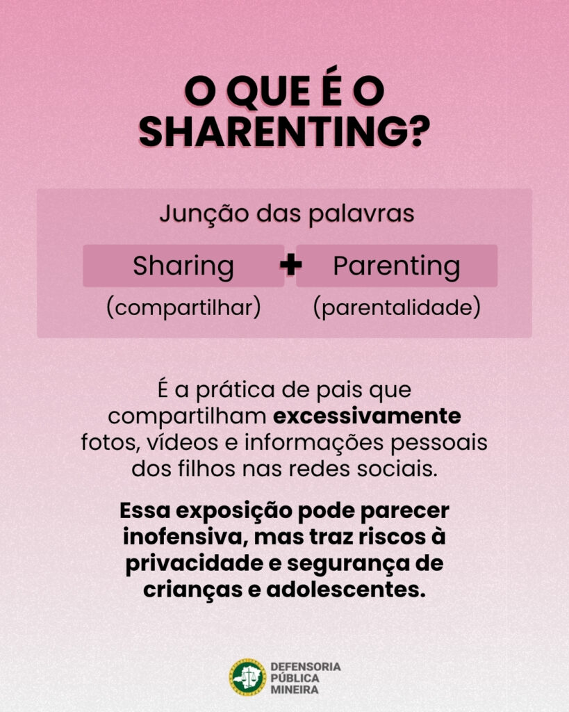 O QUE É O SHARENTING? Junção das palavras Sharing (compartilhar) + Parenting (parentalidade) É a prática de pais que compartilham excessivamente fotos, vídeos e informações pessoais dos filhos nas redes sociais. Essa exposição pode parecer inofensiva, mas traz riscos à privacidade e segurança de crianças e adolescentes.