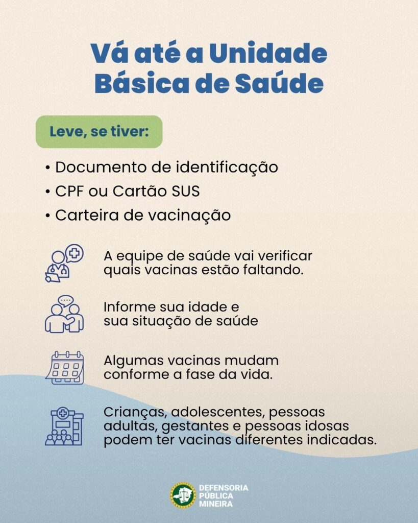 Vá até a Unidade Básica de Saúde Leve, se tiver: · Documento de identificação · CPF ou Cartão SUS · Carteira de vacinação A equipe de saúde vai verificar quais vacinas estão faltando. Informe sua idade e sua situação de saúde Algumas vacinas mudam conforme a fase da vida. Crianças, adolescentes, pessoas adultas, gestantes e pessoas idosas podem ter vacinas diferentes indicadas.