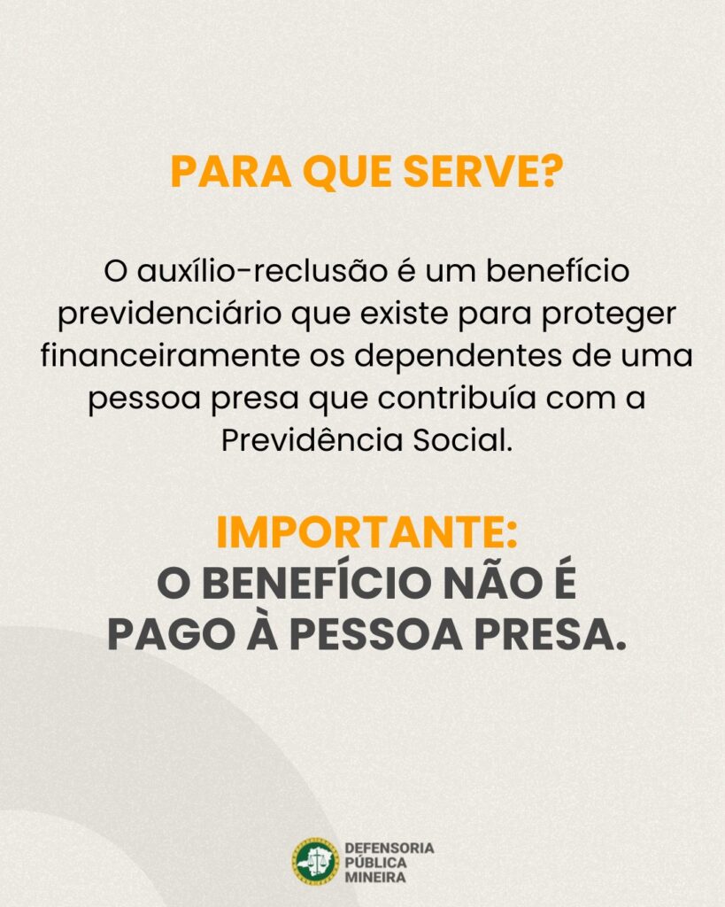 PARA QUE SERVE? O auxílio-reclusão é um benefício previdenciário que existe para proteger financeiramente os dependentes de uma pessoa presa que contribuía com a Previdência Social. IMPORTANTE: O BENEFÍCIO NÃO É PAGO À PESSOA PRESA.
