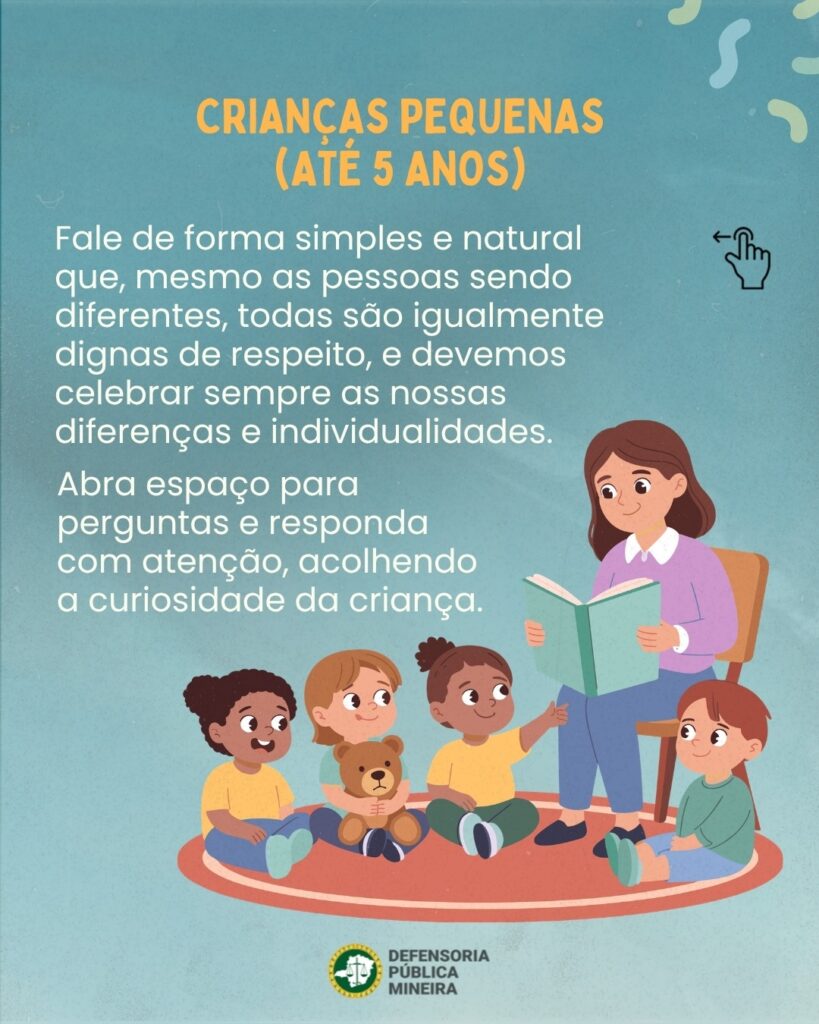 CRIANCAS PEQUENAS (ATÉ 5 ANOS) Fale de forma simples e natural que, mesmo as pessoas sendo diferentes, todas são igualmente dignas de respeito, e devemos celebrar sempre as nossas diferenças e individualidades. Abra espaço para perguntas e responda com atenção, acolhendo a curiosidade da criança.