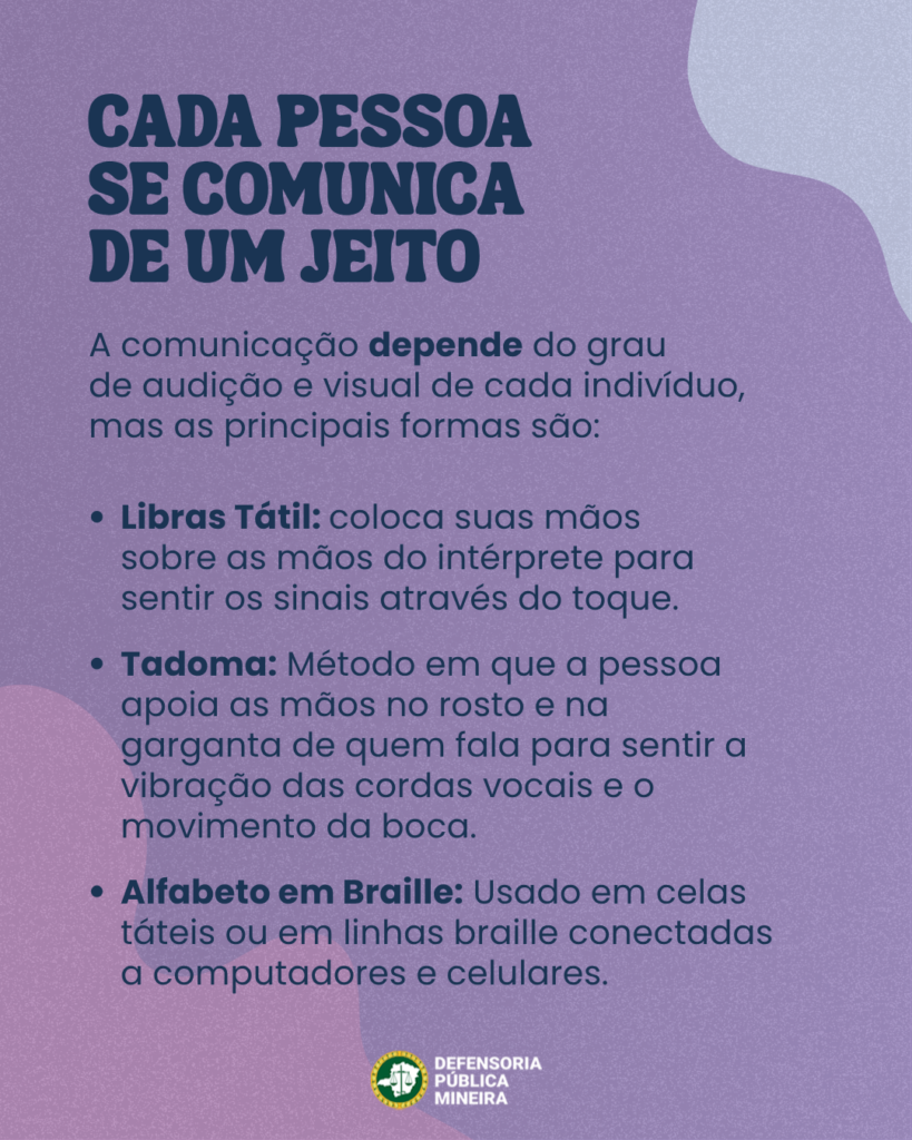 CADA PESSOA
SE COMUNICA
DE UM JEITO
A comunicação depende do grau
de audição e visual de cada indivíduo,
mas as principais formas são:
· Libras Tátil: coloca suas mãos
sobre as mãos do intérprete para
sentir os sinais através do toque.
· Tadoma: Método em que a pessoa
apoia as mãos no rosto e na
garganta de quem fala para sentir a
vibração das cordas vocais e o
movimento da boca.
· Alfabeto em Braille: Usado em celas
táteis ou em linhas braille conectadas
a computadores e celulares.