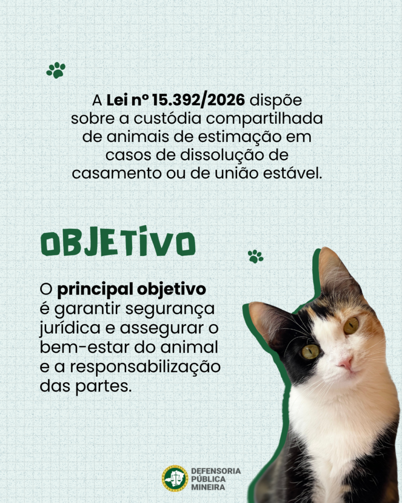 A Lei n° 15.392/2026 dispõe
sobre a custódia compartilhada
de animais de estimação em
casos de dissolução de
casamento ou de união estável.

OBJETİVO
O principal objetivo
é garantir segurança
jurídica e assegurar o
bem-estar do animal
e a responsabilização
das partes.