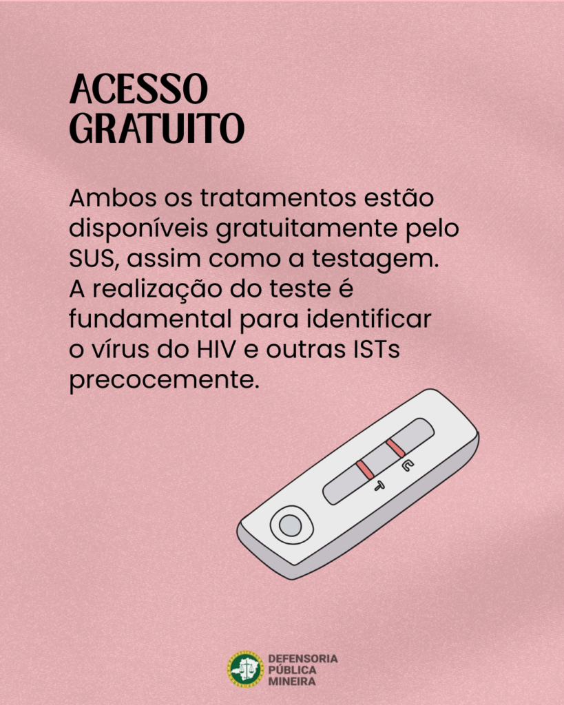 ACESSO
GRATUITO

Ambos os tratamentos estão
disponíveis gratuitamente pelo
SUS, assim como a testagem.
A realização do teste é
fundamental para identificar
o vírus do HIV e outras ISTs
precocemente.