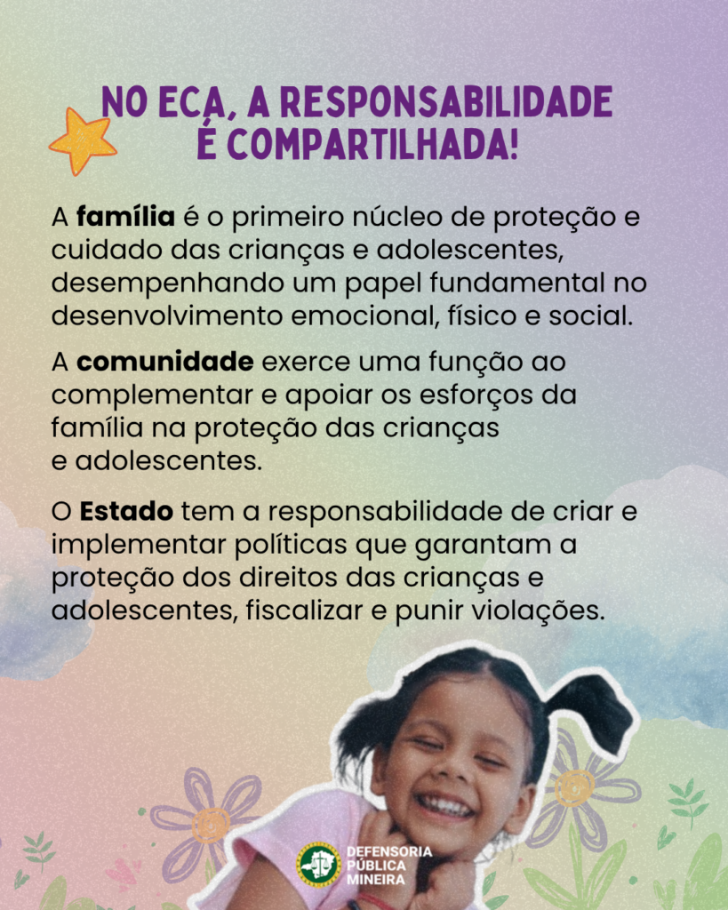 NO ECA, A RESPONSABILIDAE
E COMPARTILHADA!

A família é o primeiro núcleo de proteção e
cuidado das crianças e adolescentes,
desempenhando um papel fundamental no
desenvolvimento emocional, físico e social.

A comunidade exerce uma função ao
complementar e apoiar os esforços da
família na proteção das crianças
e adolescentes.

O Estado tem a responsabilidade de criar e
implementar políticas que garantam a
proteção dos direitos das crianças e
adolescentes, fiscalizar e punir violações.