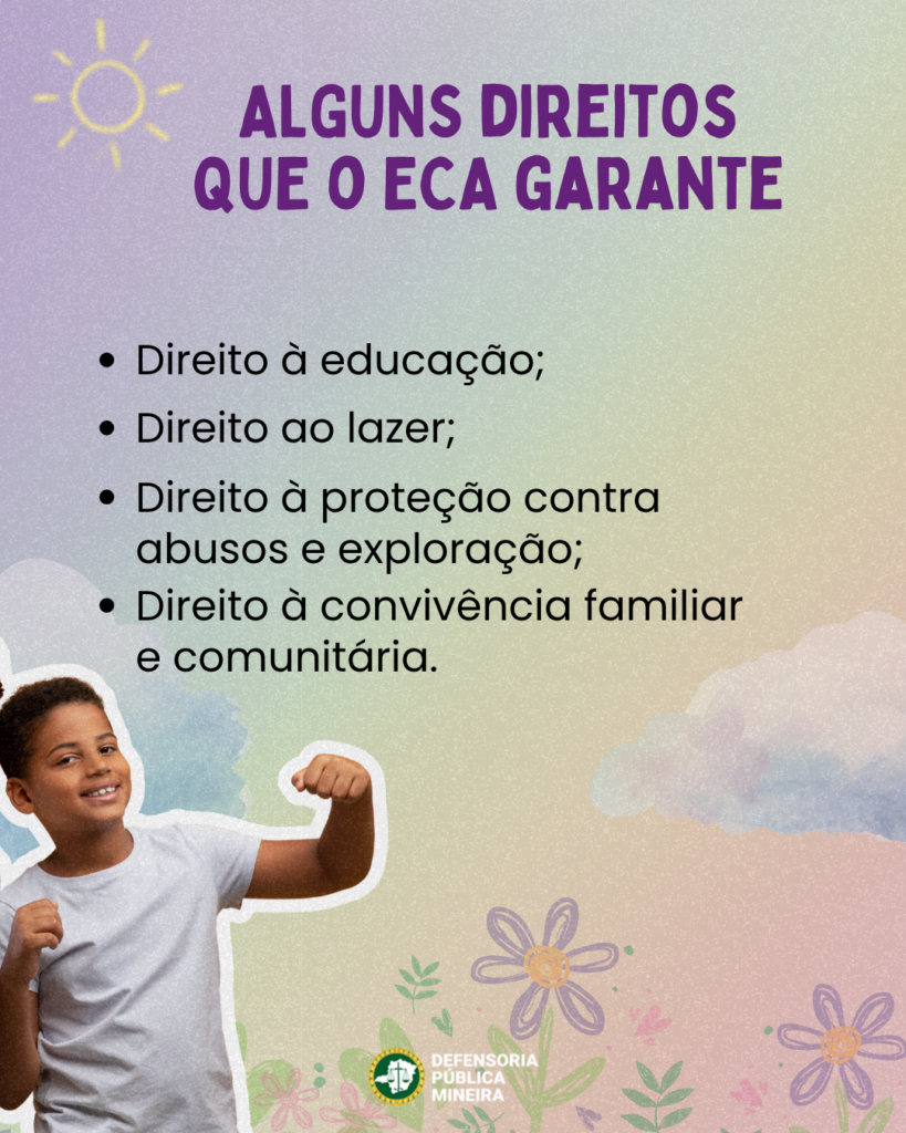 ALGUNS DIREITOS
QUE O ECA GARANTE
· Direito à educação;
· Direito ao lazer;
· Direito à proteção contra
abusos e exploração;
· Direito à convivência familiar
e comunitária.