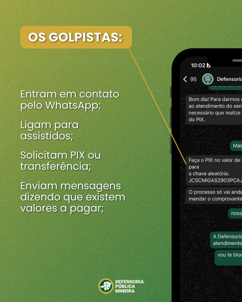 OS GOLPISTAS:

Entram em contato
pelo WhatsApp;

Ligam para
assistidos;

Solicitam PIX ou transferência;

Enviam mensagens dizendo que existem valores a pagar;