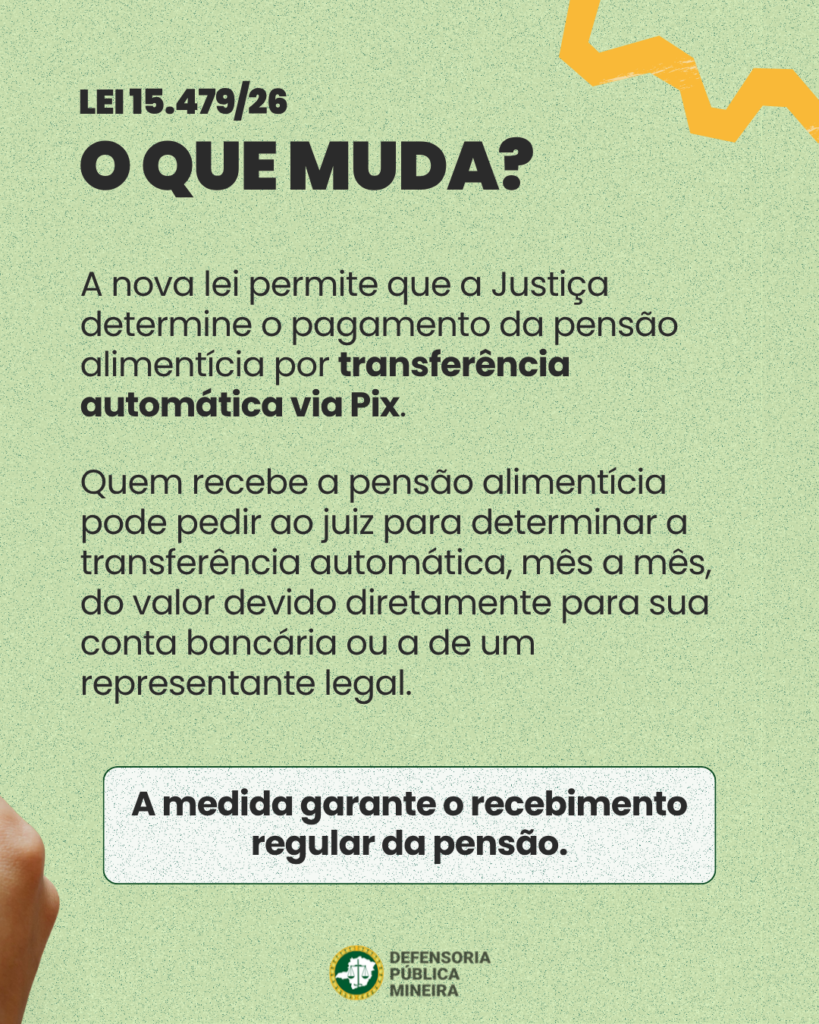 LEI 15.479/26
O QUE MUDA?
A nova lei permite que a Justiça
determine o pagamento da pensão
alimentícia por transferência
automática via Pix.
Quem recebe a pensão alimentícia
pode pedir ao juiz para determinar a
transferência automática, mês a mês,
do valor devido diretamente para sua
conta bancária ou a de um
representante legal.
A medida garante o recebimento
regular da pensão.