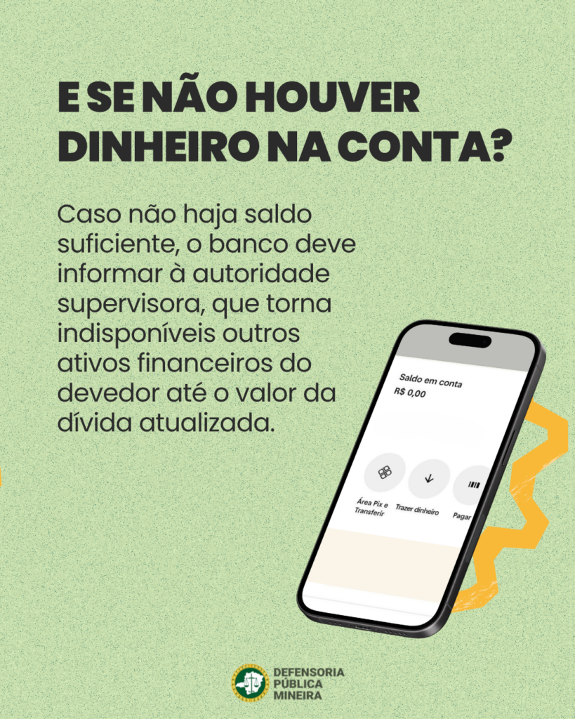 E SE NÃO HOUVER
DINHEIRO NA CONTA?
Caso não haja saldo
suficiente, o banco deve
informar à autoridade
supervisora, que torna
indisponíveis outros
ativos financeiros do
devedor até o valor da
dívida atualizada.