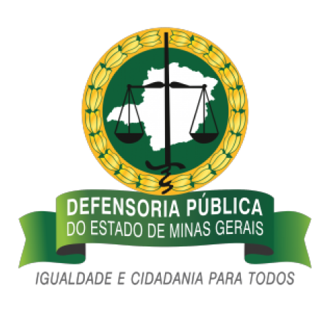 Logotipo da Defensoria Pública do Estado de Minas Gerais, apresentando uma balança em destaque sobre um contorno do estado de Minas Gerais, cercado por uma grinalda de folhas. Abaixo, a frase 'DEFENSORIA PÚBLICA DO ESTADO DE MINAS GERAIS' e, na parte inferior, o lema 'IGUALDADE E CIDADANIA PARA TODOS' em uma fita verde.