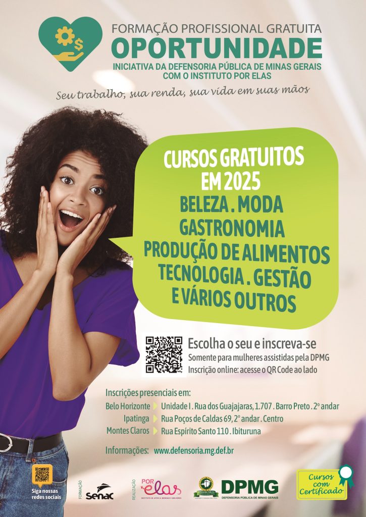 Projeto Oportunidade oferece capacitação profissional gratuita para mulheres atendidas pela DPMG com novos cursos. Inscrições abertas 2