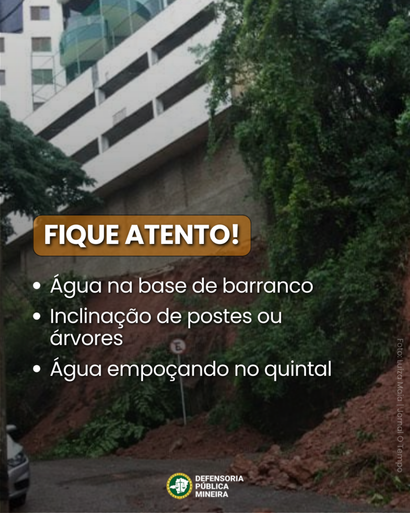 Fique atento! · Água na base de barranco · Inclinação de postes ou árvores Foto: Luiza Maia | Jornal O Tempo · Água empoçando no quintal
